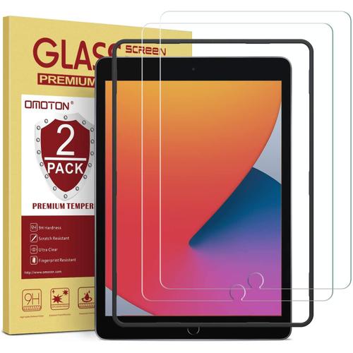 OMOTON 2 Pack avec Verre Trempé iPad 8 (2020)/iPad 7 (2019) 10,2 Pouces,  7ème/8ème Génération, Film Protection écran iPad 8 (10.2 2020), Cadre  d'Installation Offert