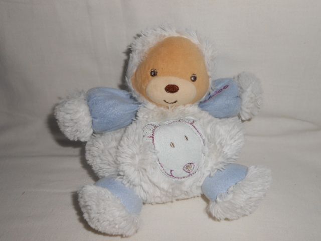 Doudou Eskimo Ours Boule Peluche Kaloo Collection Igloo Ourson Esquimau Capuche Blanc Bleu Tete D'ours Brode Fourrure Blanche 16cm