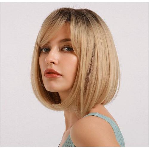 Perruque Courte Bob Bangs Pour Femme En Fibre Synthétique Naturelle Résistante À La Chaleur Pour Fête/Cosplay/Costume/Perruque Quotidienne (Or) 