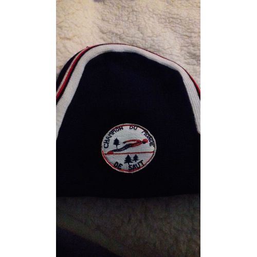 Bonnet De Laine Bleu Marine 14/16 Ans 'champion Du Monde De Saut" Vintage