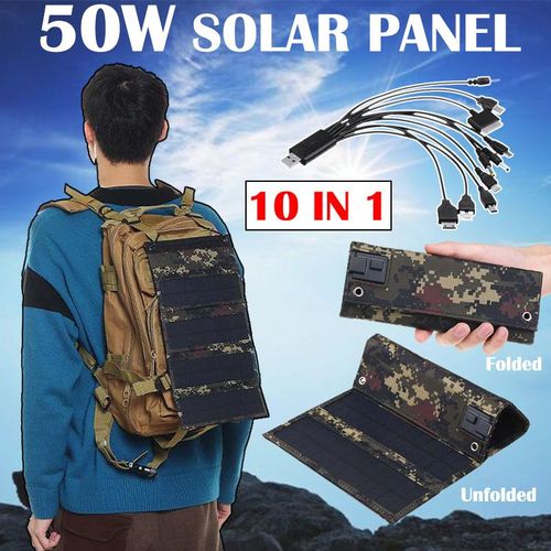 Panneau Solaire Pliable 50w 5v Avec Câble Usb 10 En 1, Crochet Portable, Chargeur D'urgence Étanche, Cellules Solaires Pour Téléphone Camping