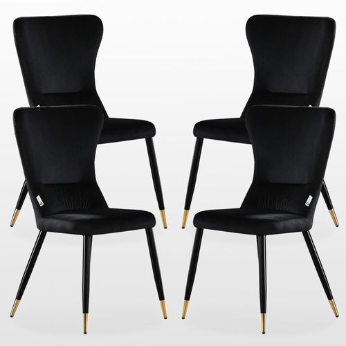 Charly Lot De 4 Chaises Rétro En Velours Noir - Pieds Coloris Noir & Doré - Style Design & Vintage - Salle À Manger, Cuisine, Salon