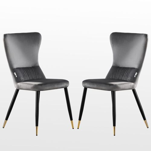 Charly Lot De 2 Chaises Rétro En Velours Gris Avec Pieds Coloris Noir & Doré - Style Design & Vintage - Salle À Manger, Cuisine, Salon