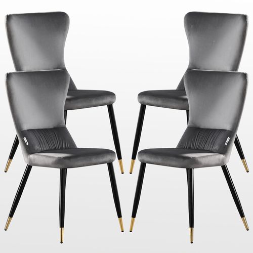 Charly Lot De 4 Chaises Rétro En Velours Gris Avec Pieds Coloris Noir & Doré - Style Design & Vintage - Salle À Manger, Cuisine, Salon