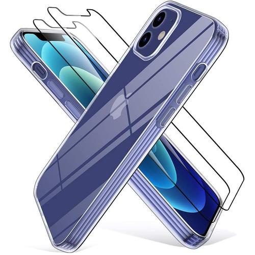 Coque Iphone 12, Coque Iphone 12 Pro Avec 2 Verre Trempe Protection Ecran, Antichoc Silicone Housse Iphone 12, Housse Iphone 12 Pro -6.1 Pouces-Transparent