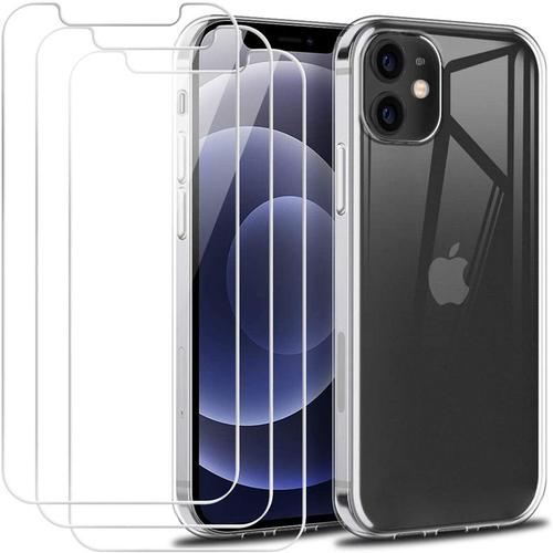 Étui Iphone 12 Noir Coque De Téléphone Apple Iphone 12 (6.1") Silicone En Gel Tpu Souple Coque Apple Iphone 12 Pro Transparente Étui Pour Iphone12 Avec 3 Film Protection Écran En Verre Trempé