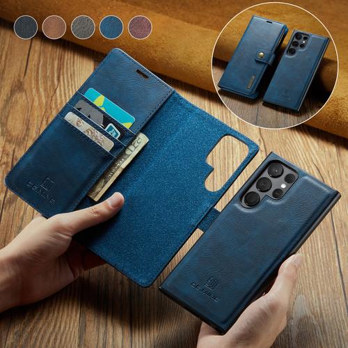 Housse Etui Coque Pour Samsung Galaxy S24 Ultra,Clamshell,Brosse Anti-Vol,Étui De Téléphone À Cassette - Bleu