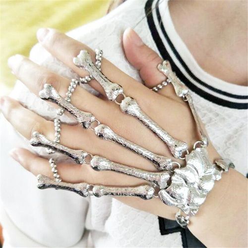 Expédié De France Bracelet Main Squelette Skull Tete Mort Femme Fille Gothique Bague