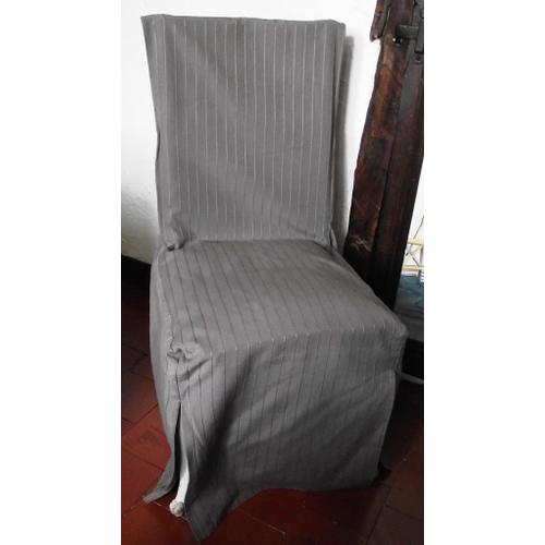 Housses(4) longues de chaise tissu coton gris à rayures brodées machine . 70% coton 30% polyester.