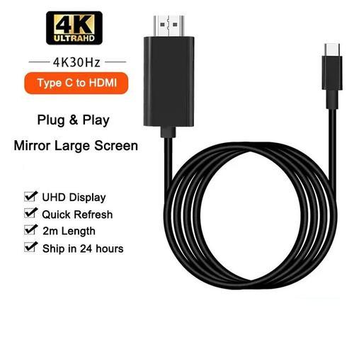 2m 4K 30Hz Black Câble USB de type C vers HDMI, adaptateur HDTV, convertisseur TV, iPhone 15, MacPleAir, iPad, Samsung, ordinateur portable, 4K, 60Hz ""Nipseyteko""