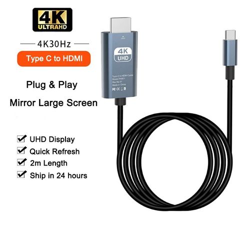 2m 4K 30Hz Silver Câble USB de type C vers HDMI, adaptateur HDTV, convertisseur TV, iPhone 15, MacPleAir, iPad, Samsung, ordinateur portable, 4K, 60Hz ""Nipseyteko""