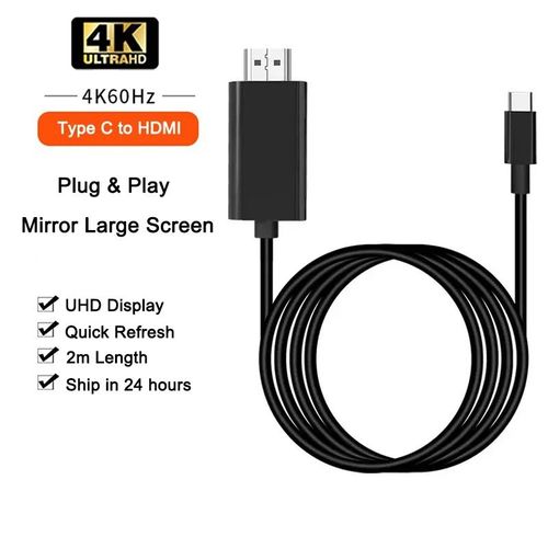 2m 4K 60Hz Black Câble USB de type C vers HDMI, adaptateur HDTV, convertisseur TV, iPhone 15, MacPleAir, iPad, Samsung, ordinateur portable, 4K, 60Hz ""Nipseyteko""