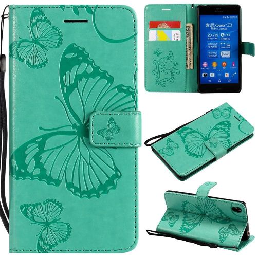 Étui Pour Rabattu Sony Xperia Z3 Couverture Antichoc Avec Support De Fente Pour Carte Flip Kickband Cuir Pu Couverture Magnétique - Vert