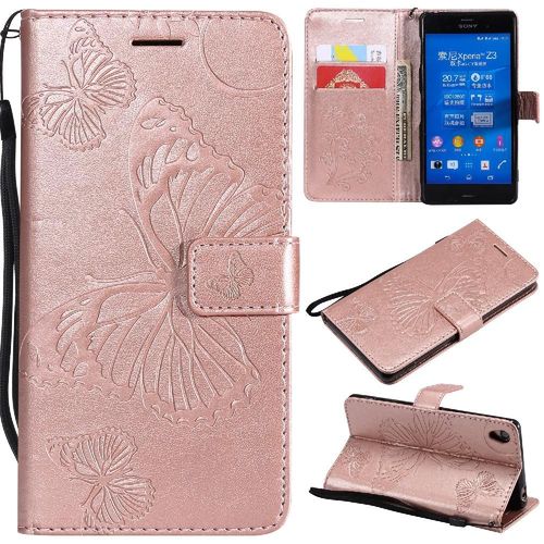 Étui Pour Rabattu Sony Xperia Z3 Couverture Antichoc Avec Support De Fente Pour Carte Flip Kickband Cuir Pu Couverture Magnétique - Couleur Rose