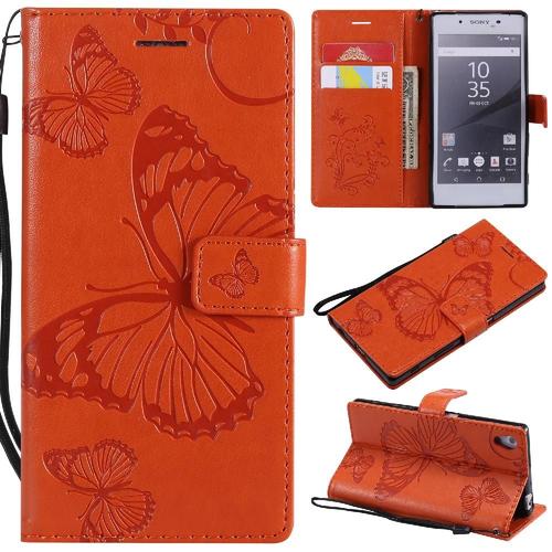 Étui Pour Rabattu Sony Xperia Z5 Couverture Antichoc Avec Support De Fente Pour Carte Cuir Pu Couverture Magnétique Flip Kickband - Orange