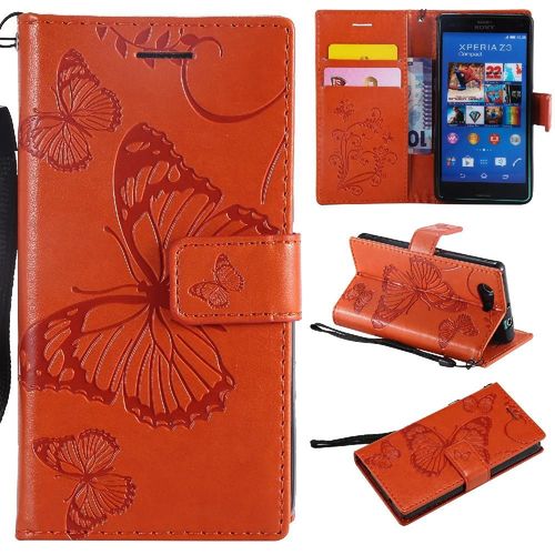 Étui Pour Rabattu Sony Xperia Z3 Mini Couverture Magnétique Flip Kickband Cuir Pu Couverture Antichoc Avec Support De Fente Pour Carte - Couleur Orange