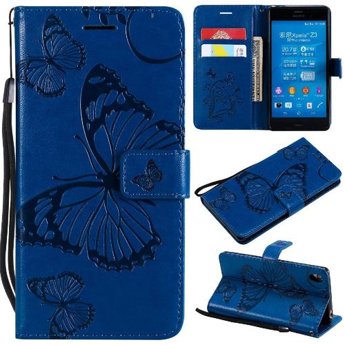 Étui Pour Rabattu Sony Xperia Z3 Couverture Magnétique Flip Kickband Couverture Antichoc Avec Support De Fente Pour Carte Cuir Pu - Bleu