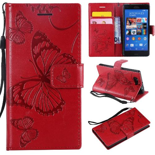 Étui Pour Rabattu Sony Xperia Z3 Mini Avec Support De Fente Pour Carte Couverture Antichoc Flip Kickband Cuir Pu Couverture Magnétique - Rouge
