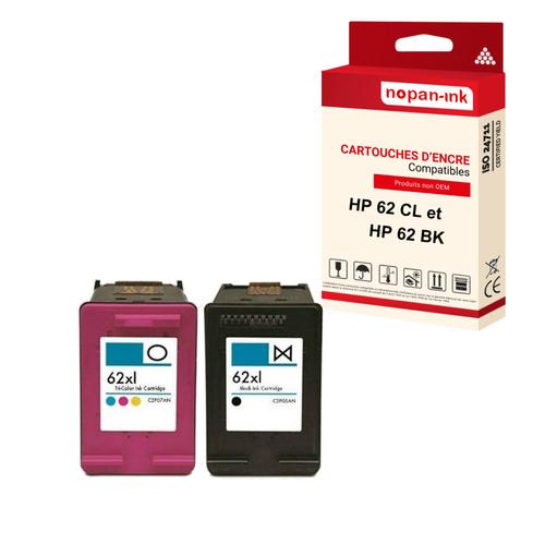 NOPAN-INK - x2 Cartouches compatibles pour HP 62 XL + 62CL XL 62XL + 62CLXL Noir + Cyan + Magenta + Jaune pour HP DeskJet Ink Advantage 5645 Envy 554