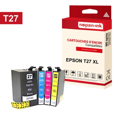 NOPAN-INK - x4 Cartouches compatibles pour EPSON T27 XL T27XL Noir + Cyan + Magenta + Jaune (Réveil) pour WorkForce WF-3620DWF WF-3620DWF Stickers WF-