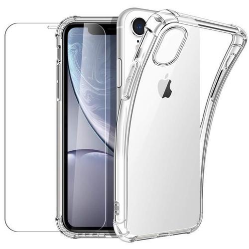 New&teck Coque Iphone Xr (6.1) + [Verre Trempé Protection Écran], Housse Etui Transparent Silicone Tpu [Bumper Avec Coin Renforcé]