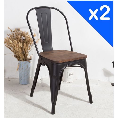 Kosmi - Lot De 2 Chaises En Métal Noir Mat Avec Assise En Bois Massif Foncé, Pour Une Décoration Style Industriel