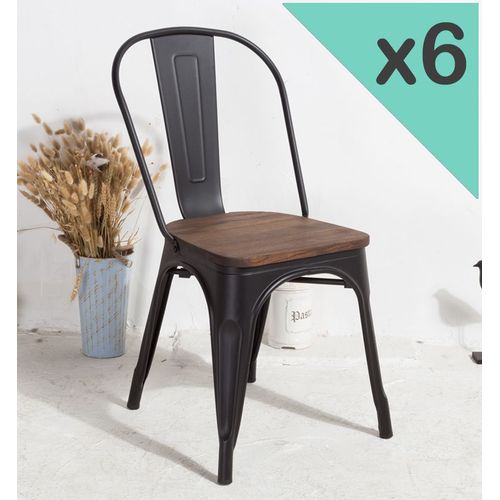 Kosmi - Lot De 6 Chaises En Métal Noir Mat Avec Assise En Bois Massif Foncé, Pour Une Décoration Style Industriel