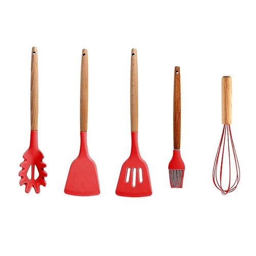 Lucky_Mall Ustensiles De Cuisine En Silicone 5 Pieces Avec Manche En Bois (Spatule + Poele). Rouge Lucky_Mall