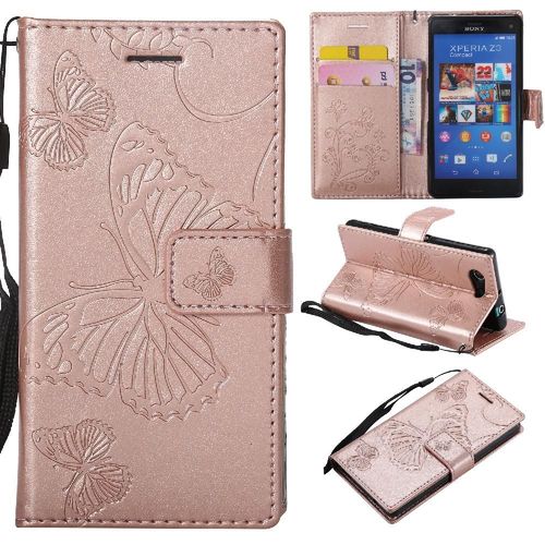 Étui Pour Rabattu Sony Xperia Z3 Mini Flip Kickband Cuir Pu Avec Support De Fente Pour Carte Couverture Antichoc Couverture Magnétique - Couleur Rose