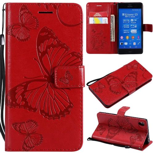 Étui Pour Rabattu Sony Xperia Z3 Couverture Magnétique Flip Kickband Couverture Antichoc Cuir Pu Avec Support De Fente Pour Carte - Rouge