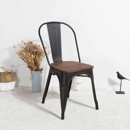 Kosmi - Chaise En Métal Noir Mat Avec Assise En Bois Foncé - Style Industriel