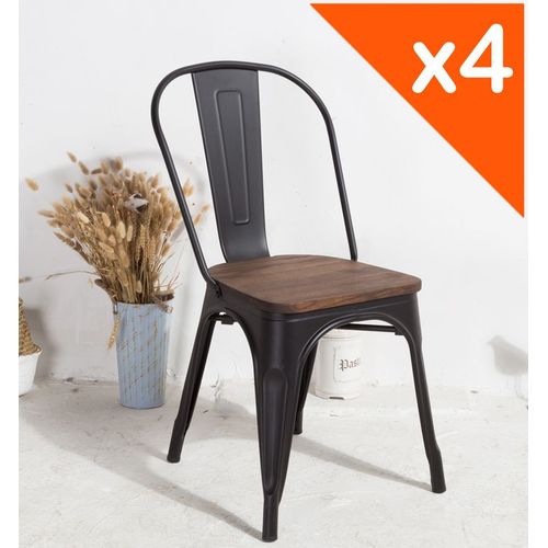 Kosmi - Lot De 4 Chaises En Métal Noir Mat Avec Assise En Bois Massif Foncé, Pour Une Décoration Style Industriel