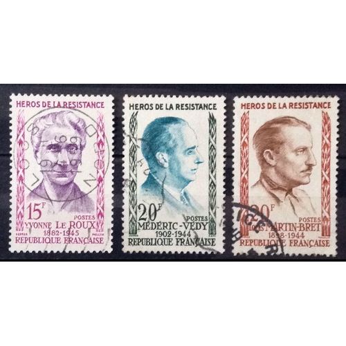 Héros De La Résistance - Yvonne Le Roux 15f (N° 1199) + Médéric Védy 20f (N° 1200) + Louis-Martin Bret 20f (N° 1201) Obl - France Année 1959 - Brn83 - N29870