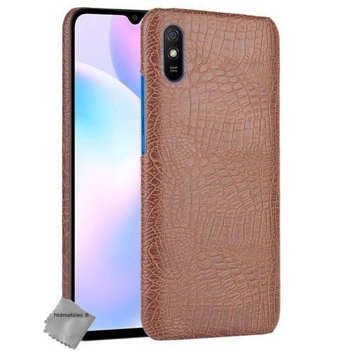 Housse Etui Coque Rigide Simili Cuir Crocodile Pour Xiaomi Redmi 9a + Verre Trempe - Marron