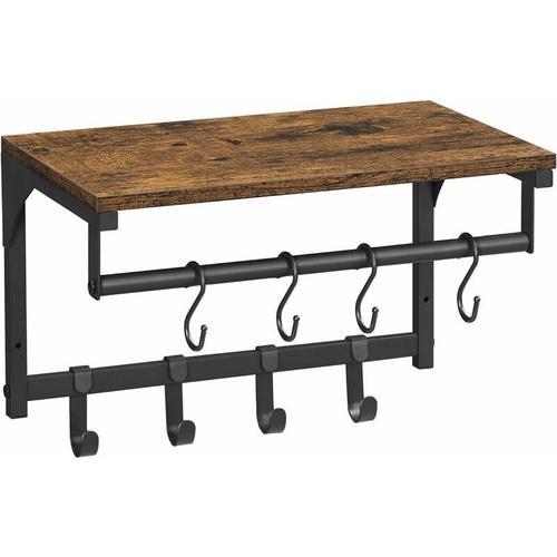 Etagere Murale Bois, Decoration Murale Industrielle Avec 8 Crochets Amovibles, Pour L'entree, Le Salon, La Cuisine, La Chambre A Coucher, 15,7 X 9,4 X 9,4 Pouces, Brun Rustique Et Noir Goodnice