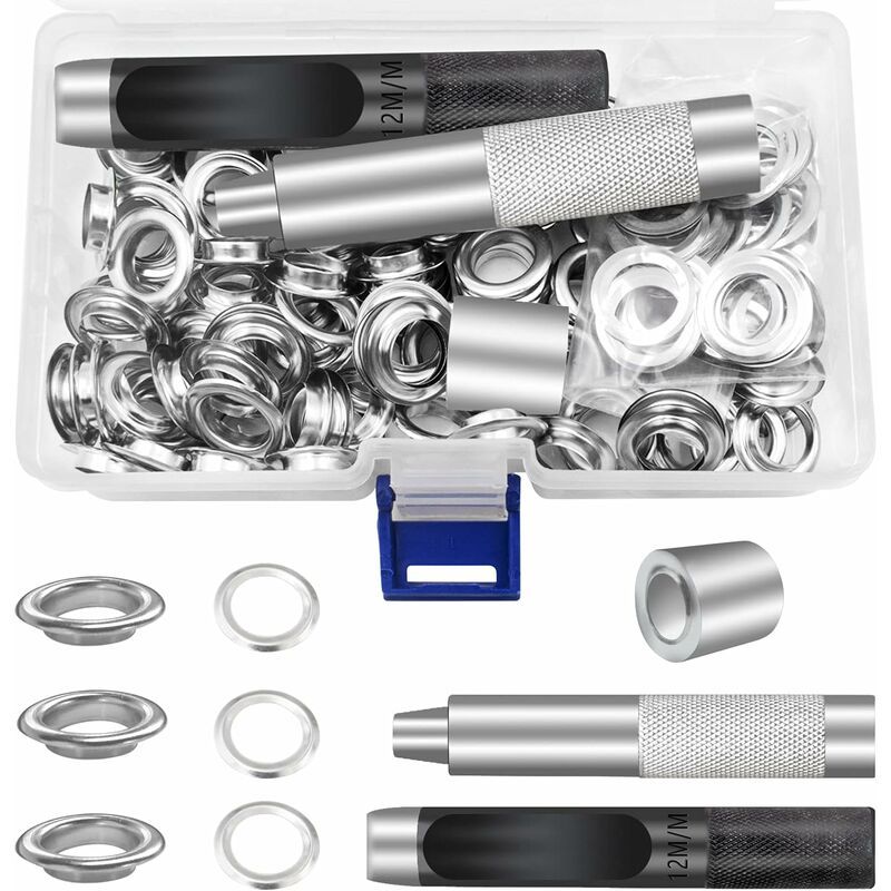 Trousse A Illets Outils 12mm Metal Ensembles Oeillets 100 Set Kit De Grommets Eyelets Kit Pour Toile Bache Tente De Reparation Argent(1/2 Pouce) Goodnice