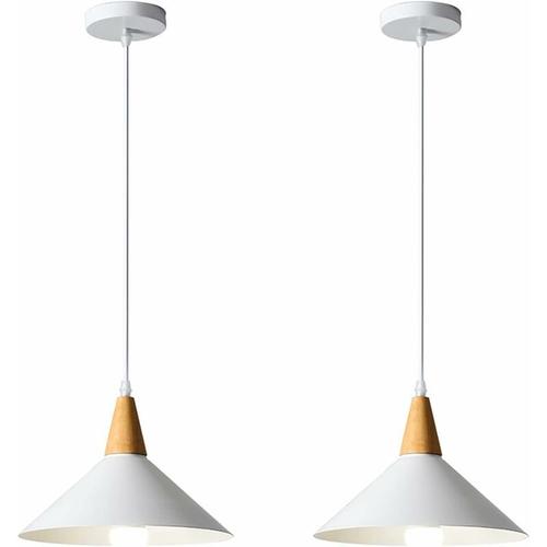 Lots De 2 Suspension Luminaire Retro E27 Lustre Plafonnier Industriel Moderne Abat-Jour En Metal Bois Lampes Suspendues Pour Cuisine Salle A Manger Chambre Cafe,Blanc(25cm) Goodnice