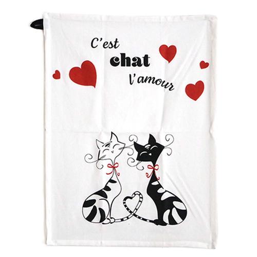 Torchon Coton 'chats' Rouge Blanc Noir (C'est Chat L'amour) - 60x45 Cm