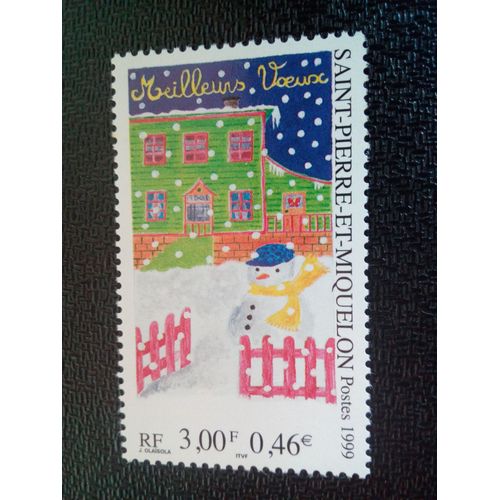 Timbre Saint Pierre Et Miquelon Yt 705 Bonhomme De Neige Devant Une Maison 1999 ( 0101104 )