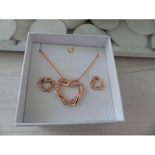 Parure Collier Et Boucles D'oreilles Deux Coeurs Neuf