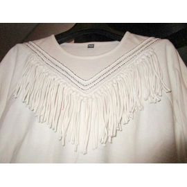 Pull Écru Blanc Cassé Avec Franges Style Indien, Perles Argent, T. 42