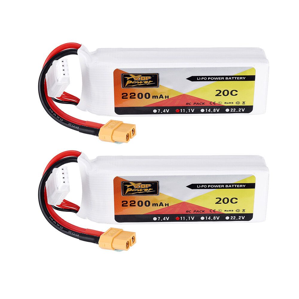 2 Batteries Zop Power 11.1v 2200mah 3s 20c Avec Connecteur Xt60 Pour Drone De Course Fpv Eachine Wizard X220 Rc-Générique