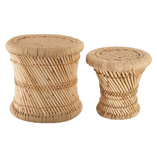 2 Tables Gigognes En Bambou Et Corde Nomade - Diam. 30/38 Cm - Marron