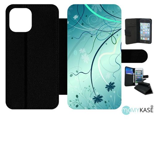 Etui À Rabat Iphone 12 Pro Max - Abstrait Turquoise Fleur - Simili-Cuir - Noir