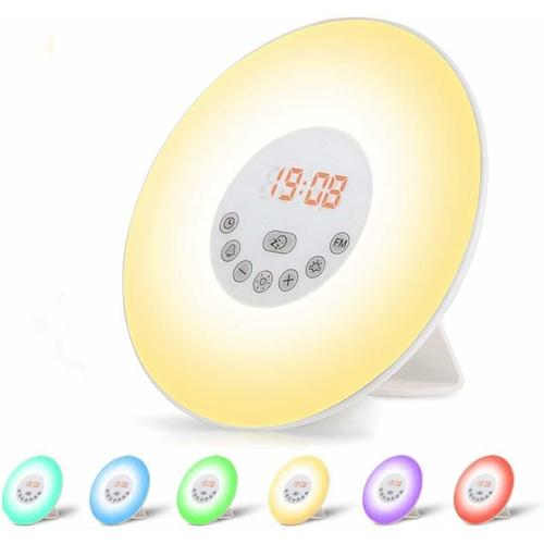 Radio Reveil Lumineux Lampe De Chevet Led Contrle Tactile Simulation Du Lever Et Du Coucher De Soleil 10 Niveaux De Lumiere Snooze,Veilleuse 7 Couleurs Pour Bebe Enfant Adult Goodnice