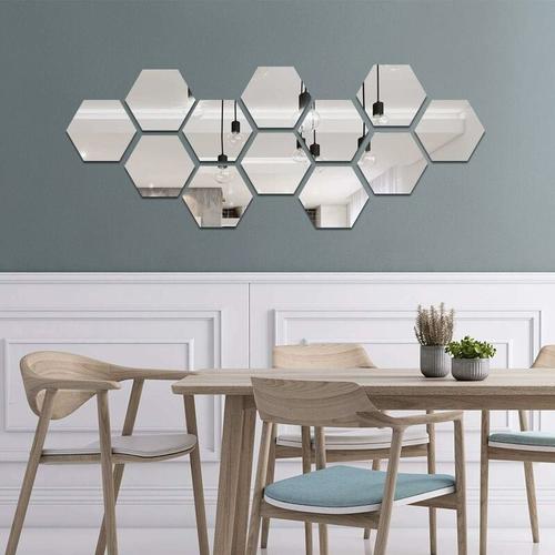 Sticker Mural Miroir,12pcs Autocollant Miroir Amovible Diy Acrylique Decoration Murale Miroir Carrelage Hexagone Miroir Sticker Mural Salon Chambre Miroir (Argent,126¡Á110¡Á63mm) Goodnice