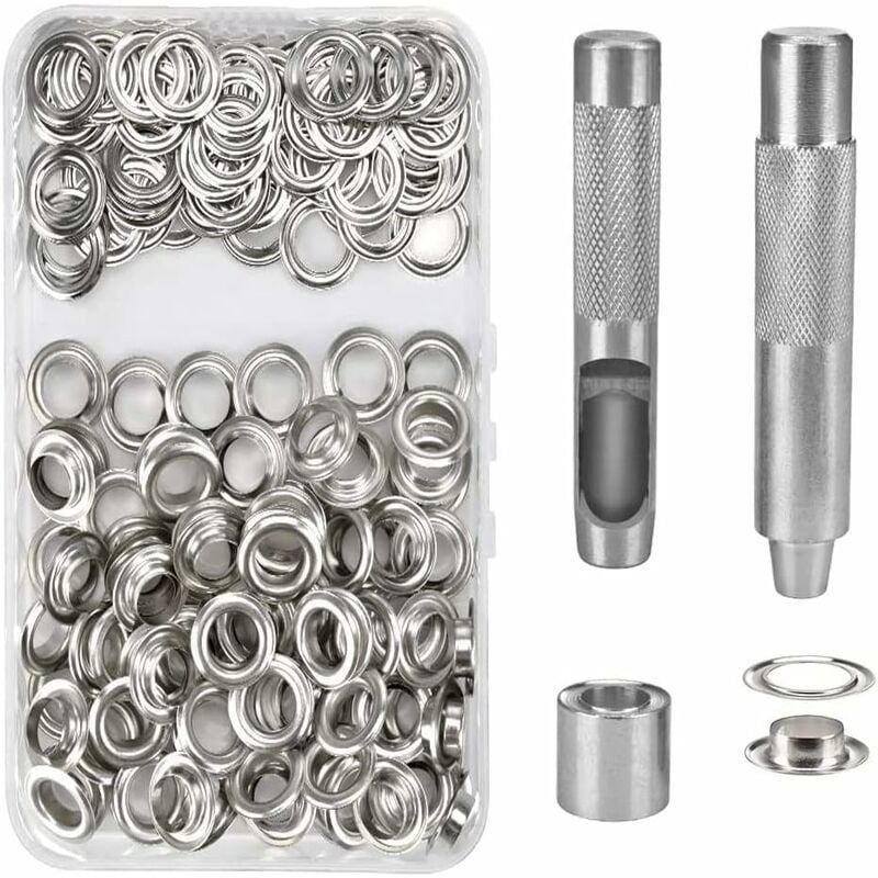 100 Kit De Grommets Eyelets Outils Metal Ensembles Oeillets 14mm Grommet Kit Oeillet Pour Toile Bache Tente De Reparation Argent Goodnice