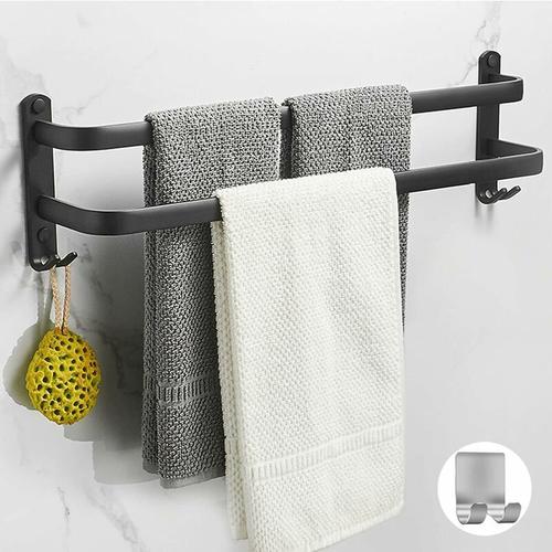 Porte-Serviettes Mural pour Salle de Bain,Porte-Serviettes Adhesif Noir Mat,Non Oxydation,Porte-Serviettes en Alliage d'Aluminium Non Perfore (Double Bars) goodnice