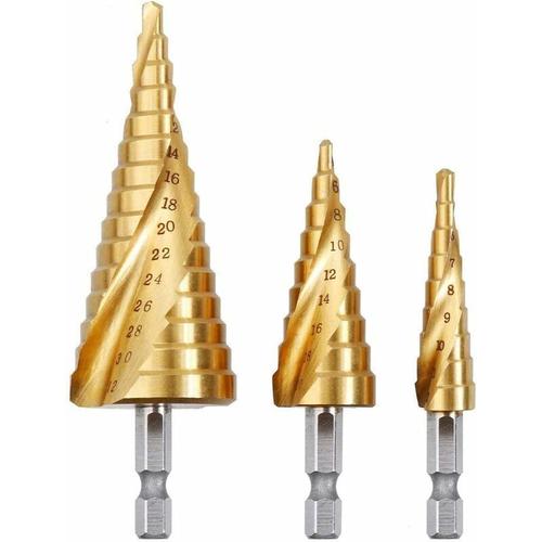 3PCS Foret Fraise Meche Etage,HSS Inox Metal,4-12/20/32mm,Triangle Conique Titane,avec Tige Hexagone,Pour Visseuse Percage sur Acier,Laiton,Bois,Plastique goodnice