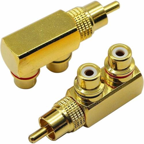 Lot de 2 adaptateurs repartiteurs RCA male a Angle Droit 90 degres vers 2 Prises RCA Femelles Audio Video Connecteur en metal plaque Or M/F goodnice